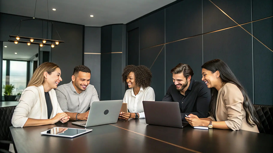 An image of a round table with employees