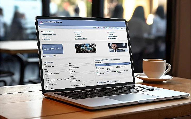 Event Booking on Laptop: Café Environment View