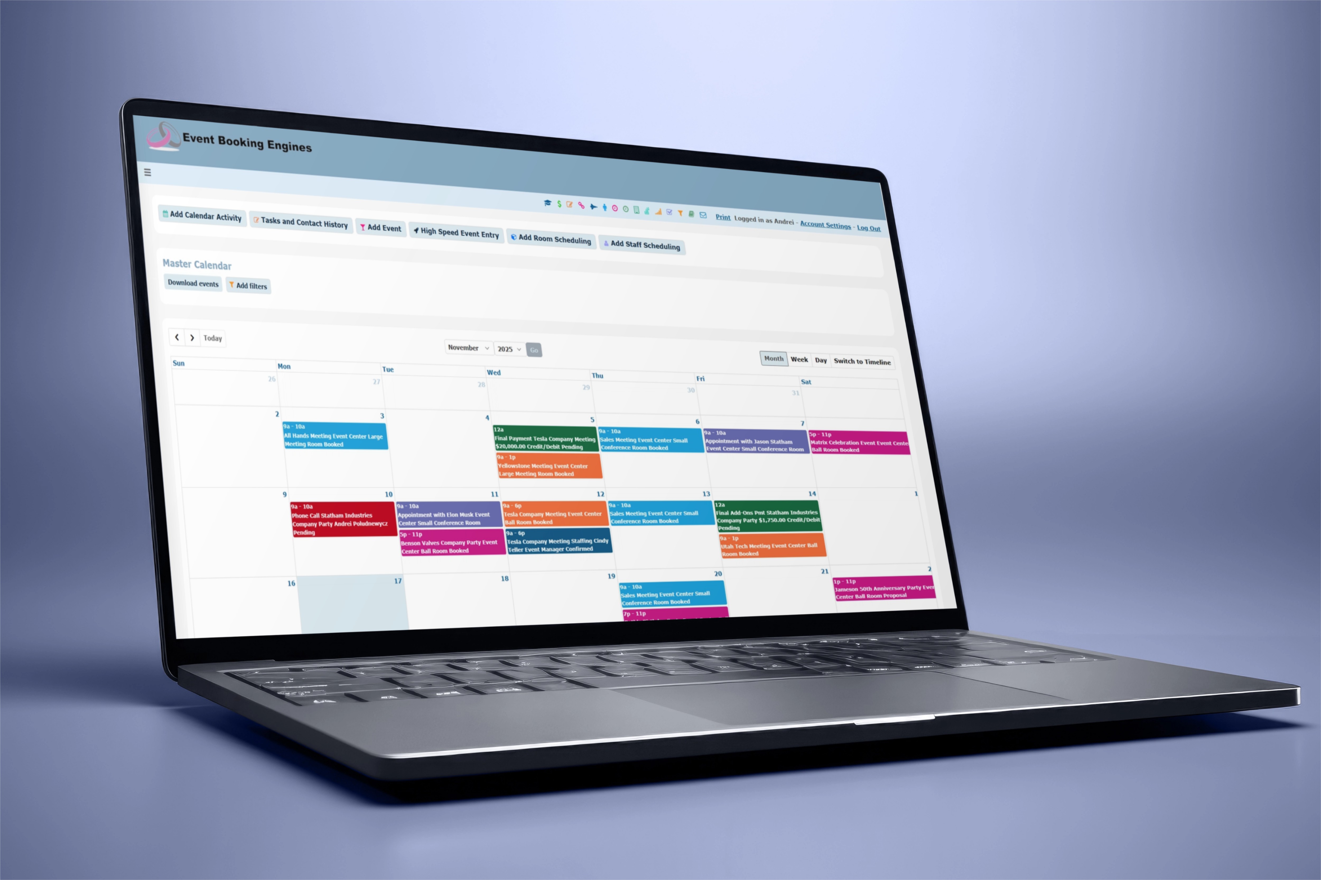 Screen showing the Master Calendar dashboard with various entries