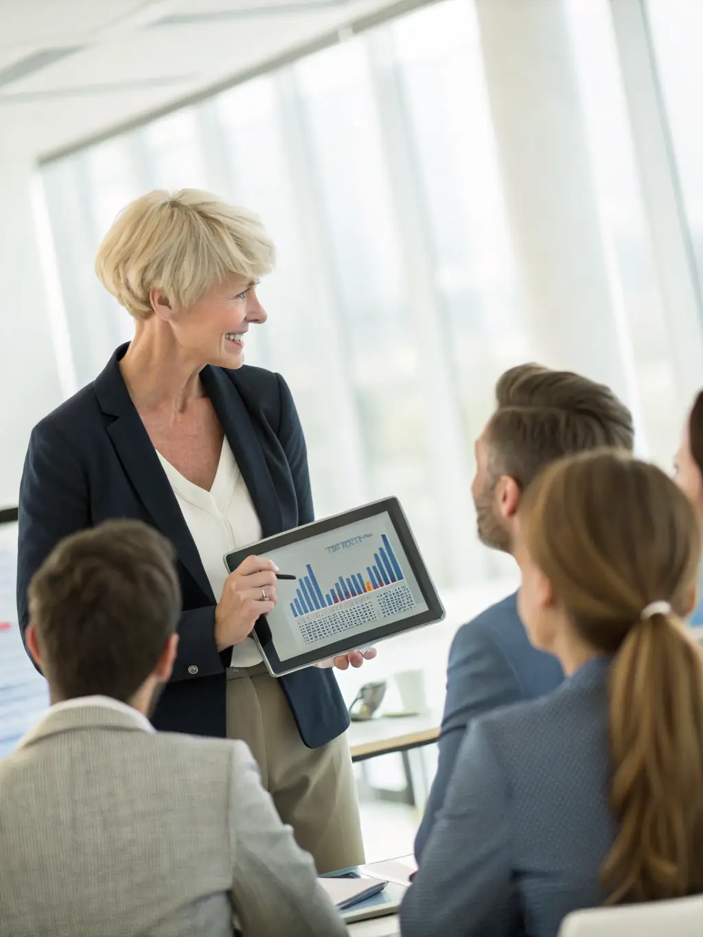 Businesswoman leading a team meeting with a tablet
