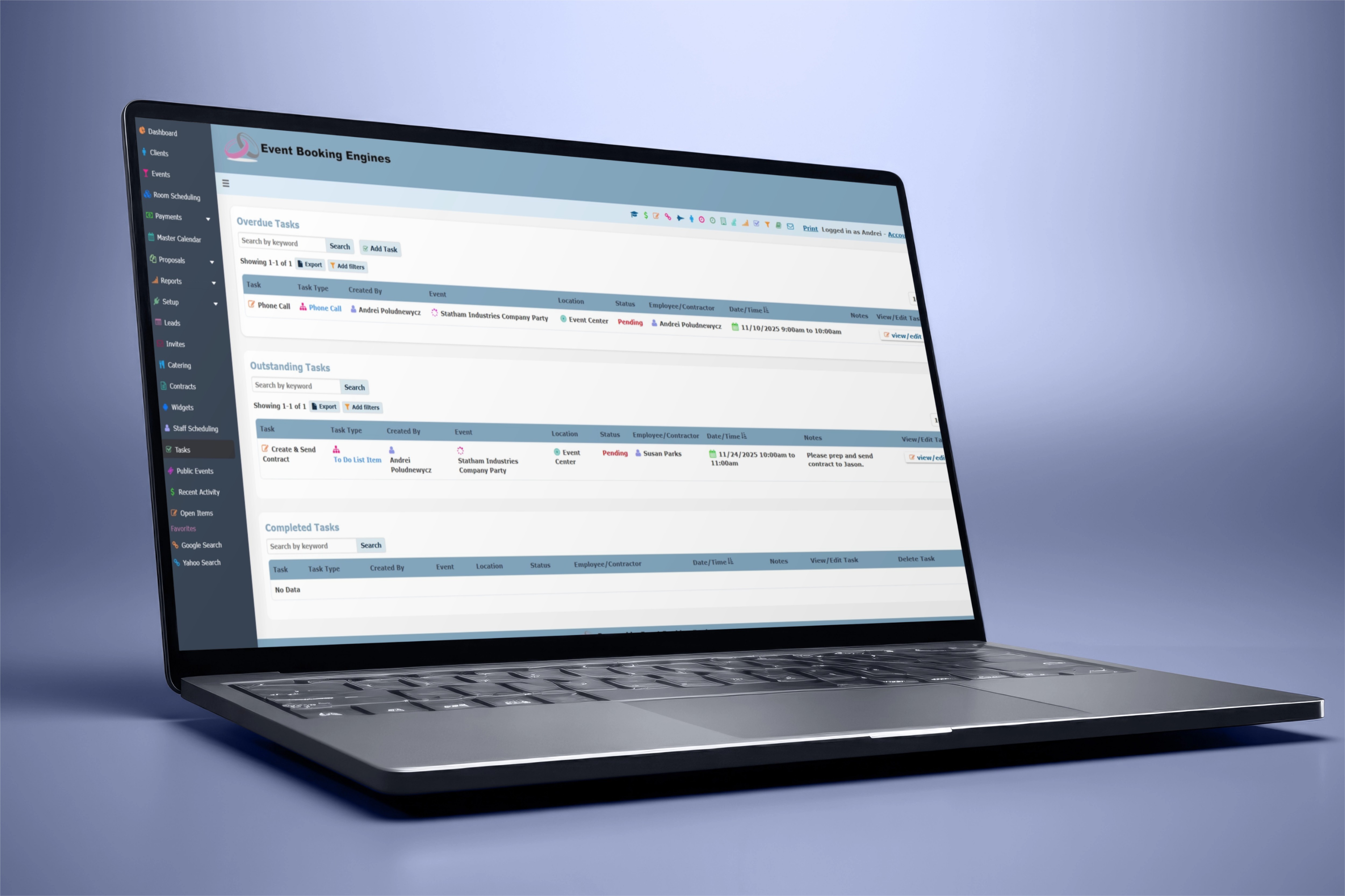Screen showing task management and scheduling dashboard